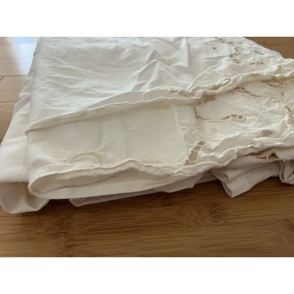 Vintage Cotton Full Beige Flat Sheet Embroidered Floral Crochet French Country